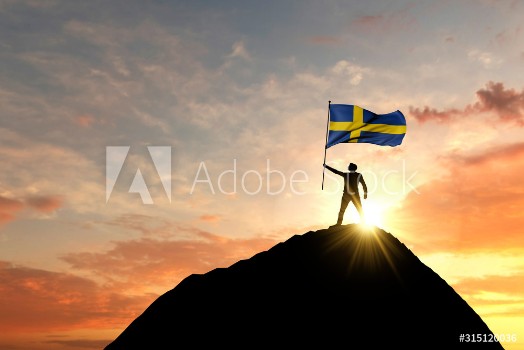 Picture of Sweden flag being waved at the top of a mountain summit 3D Rendering